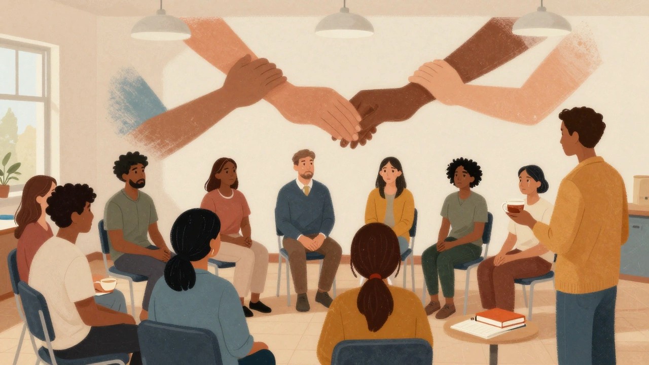 Volunteers learn de-escalation techniques in a community hall, surrounded by symbols of unity.