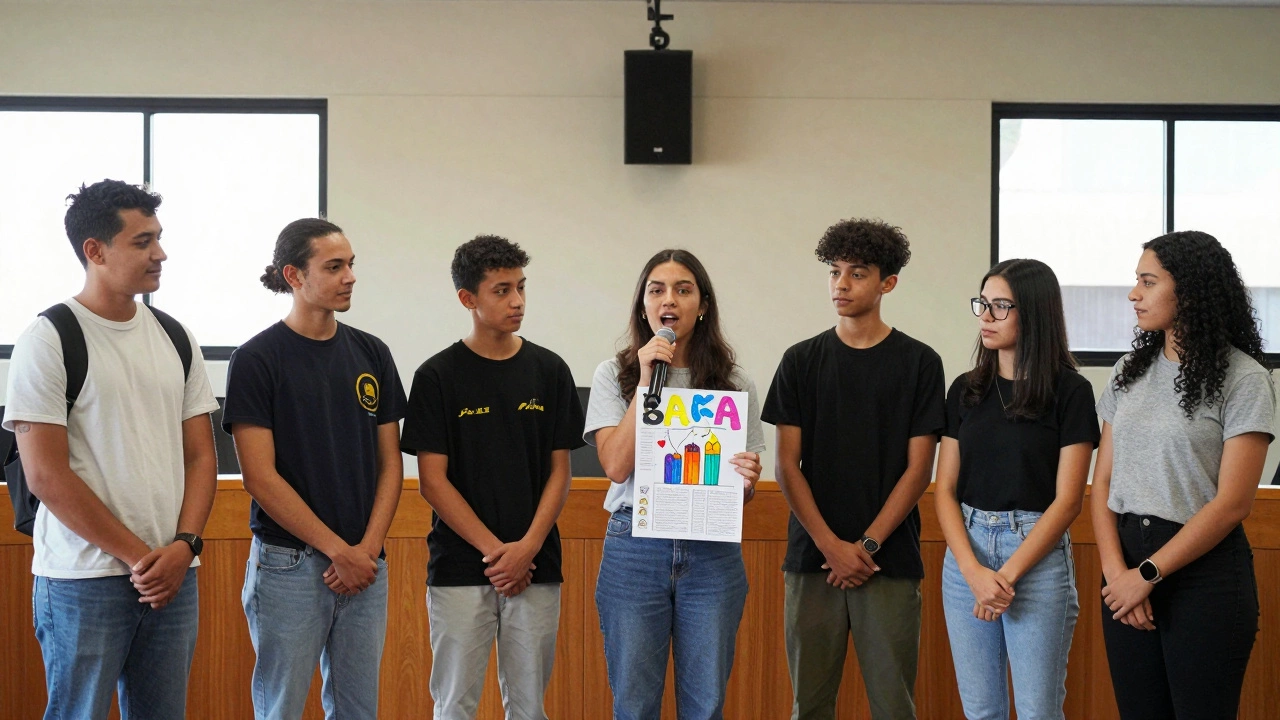 Young people presenting their community-led proposal to a city council, standing confidently together.