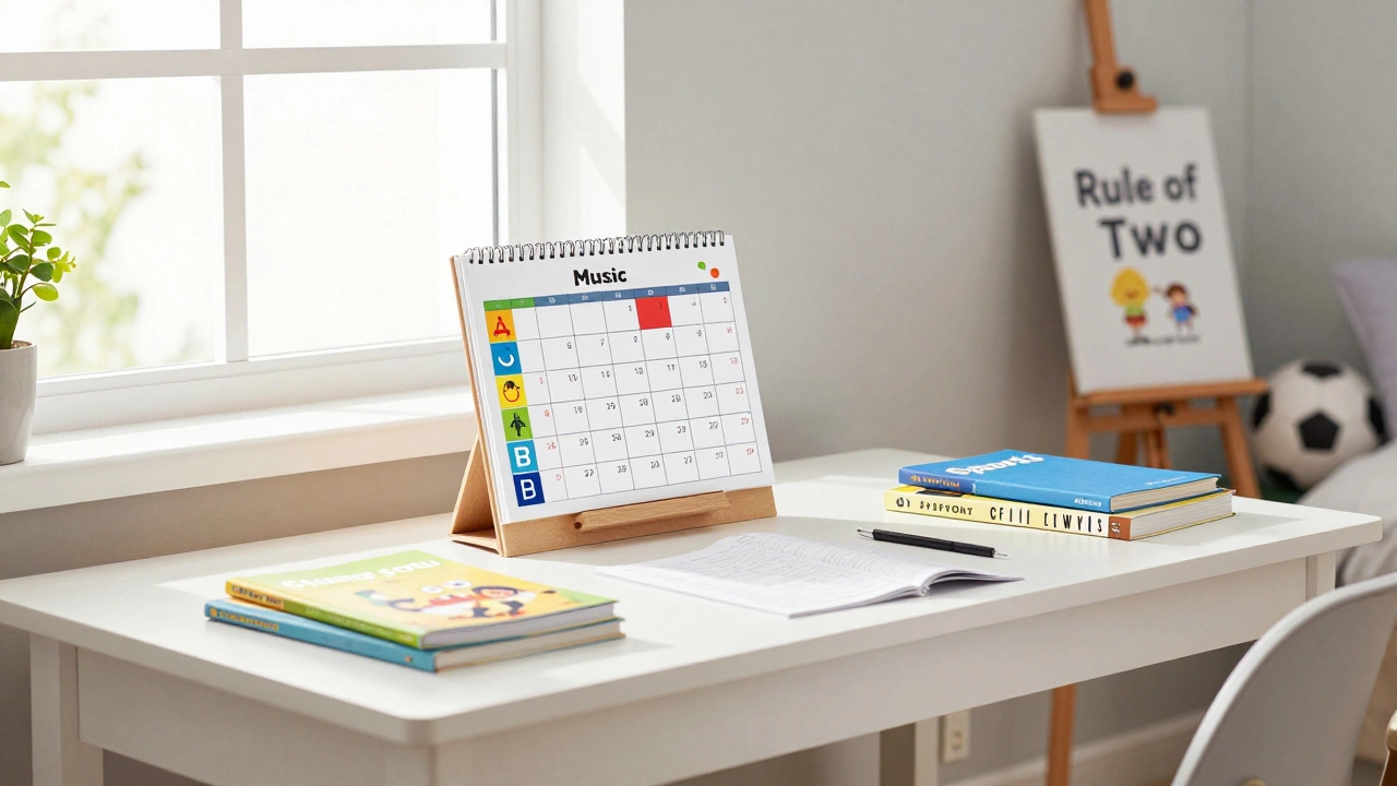 A balanced student workspace with a colorful schedule and sports and art equipment.