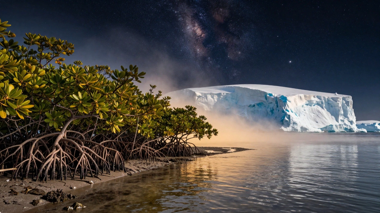 A coastal mangrove forest transitioning into a distant, frozen Antarctic ice landscape.