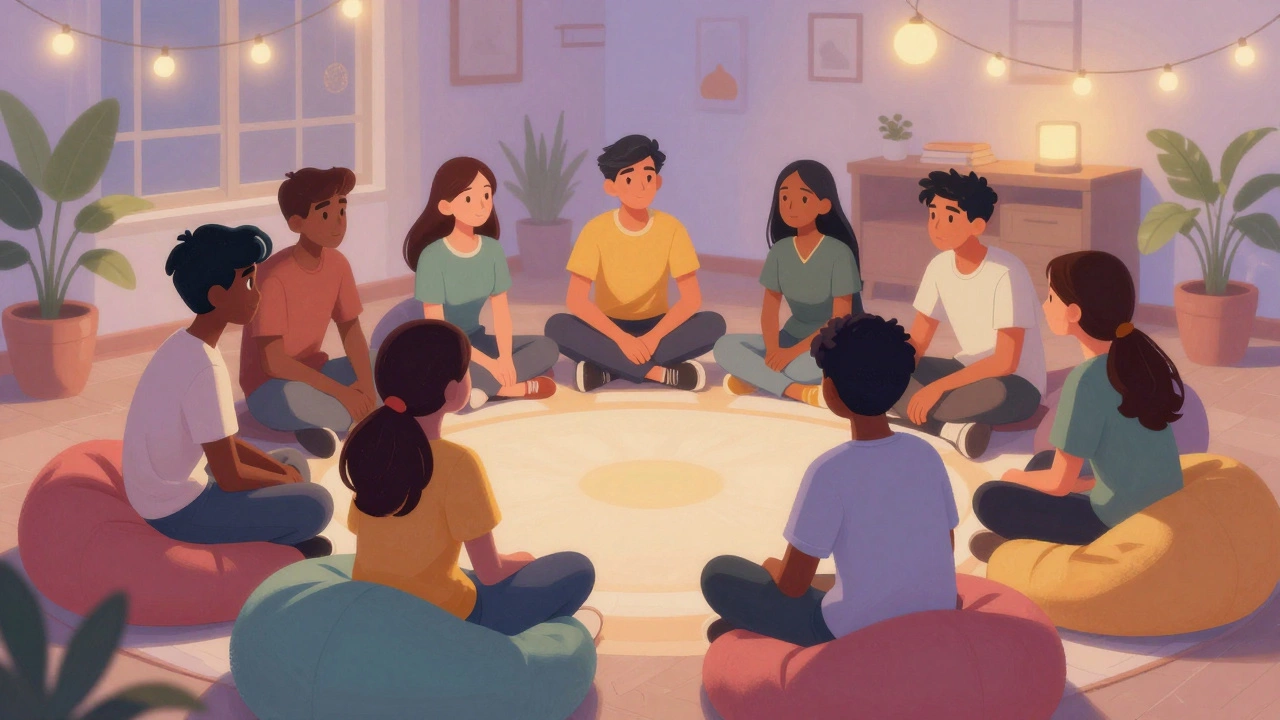 A diverse group of teenagers sitting in a circle for a supportive mental health session