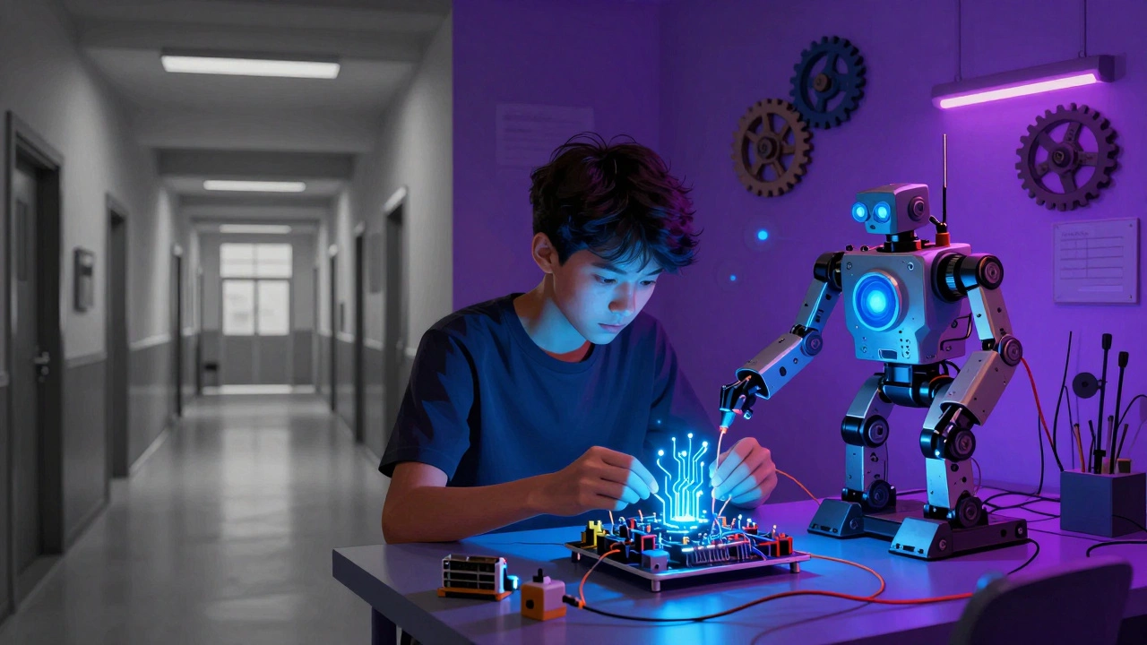 A focused teenager working on a robot in a vibrant, tech-filled workshop.