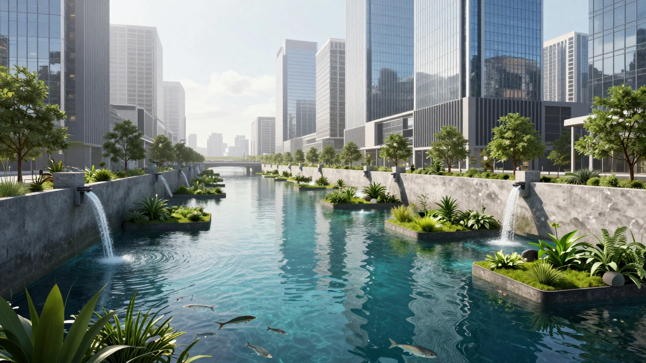 A modern city integrated with a clean river and floating green wetlands for urban restoration.