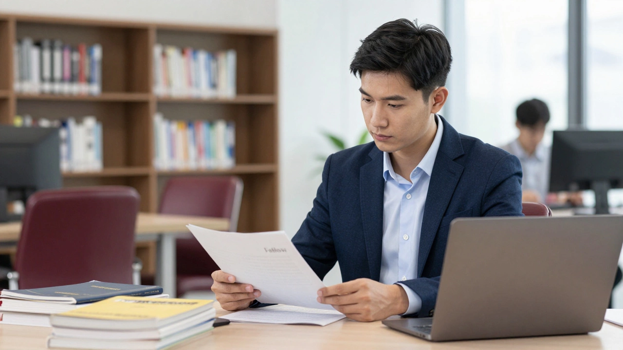 A professional fellow working in a modern research library environment.