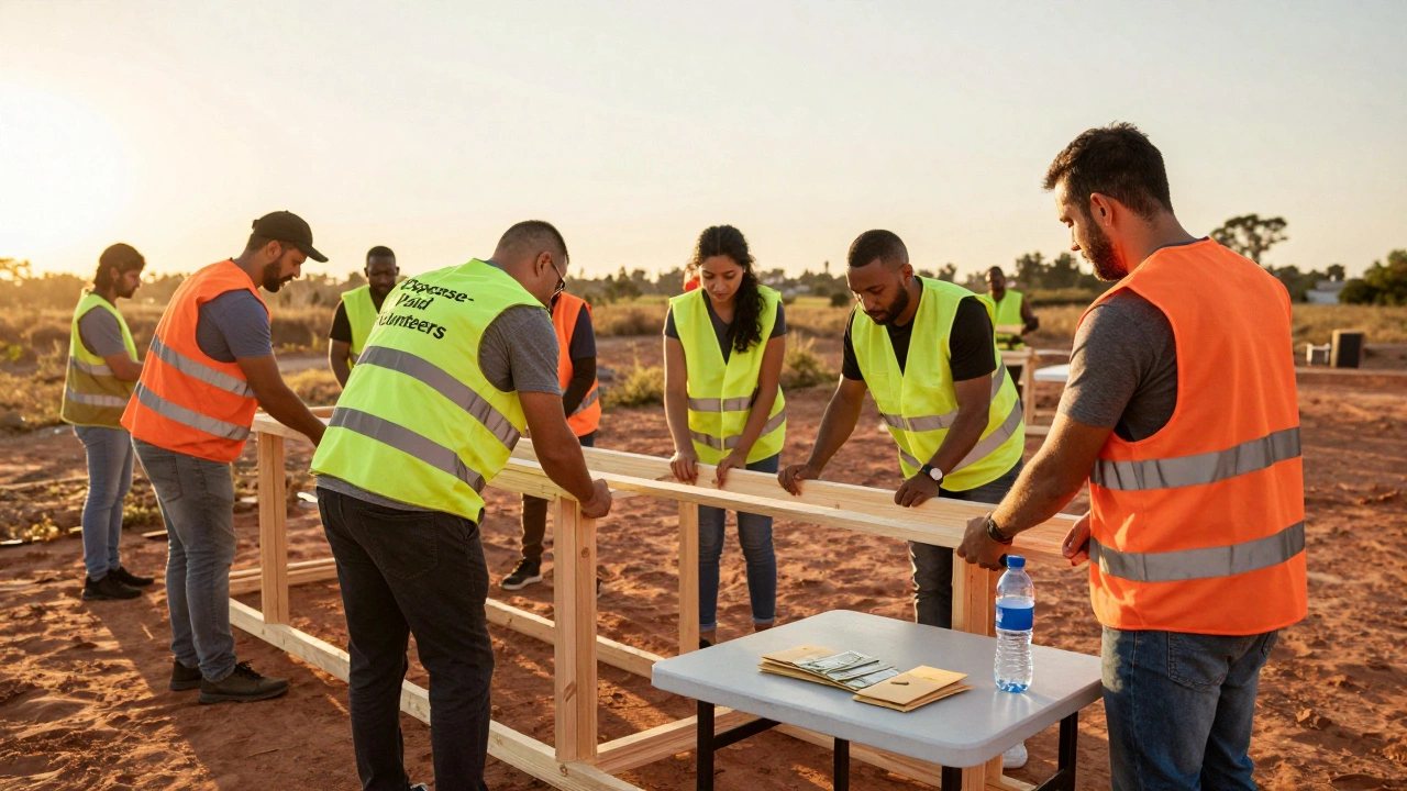 A team of funded volunteers building a structure in a rural community during sunset.