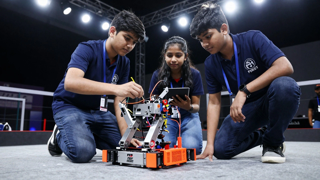 A team of Indian youth working intensely on a complex robot during a competition