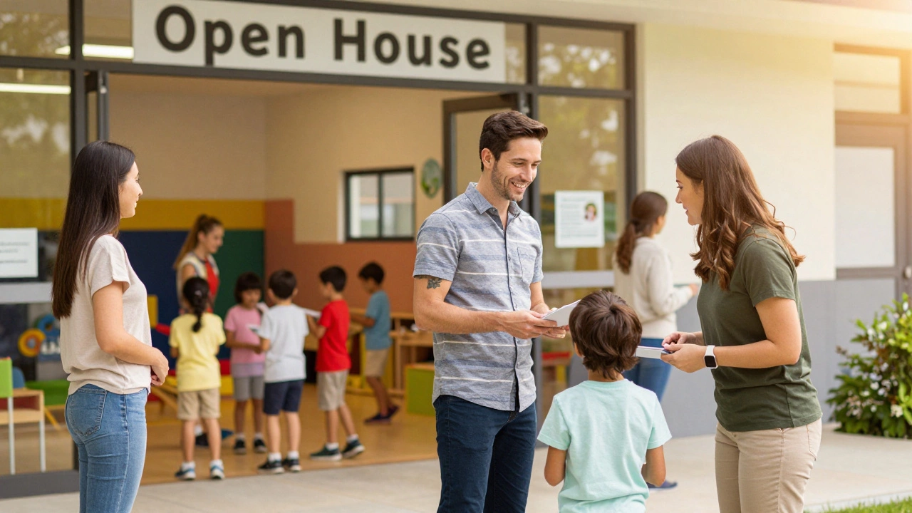 Parents and staff interacting during an open house event at a children's club.