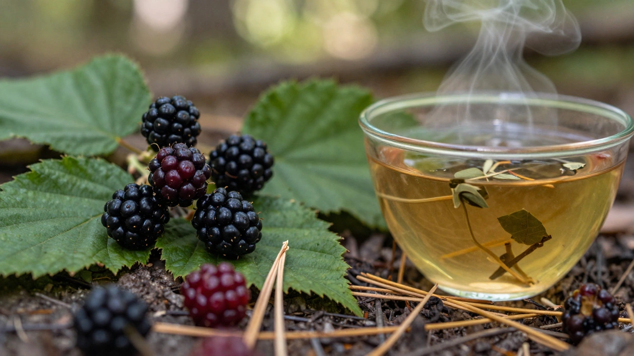 Blackberries and herbal tea representing wild foraging