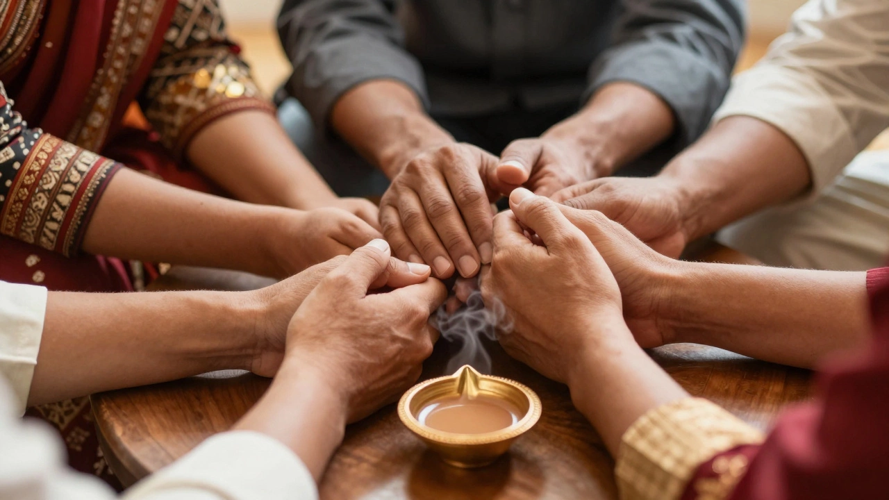 Close up of hands holding chai and a lamp, symbolizing empathy and care.