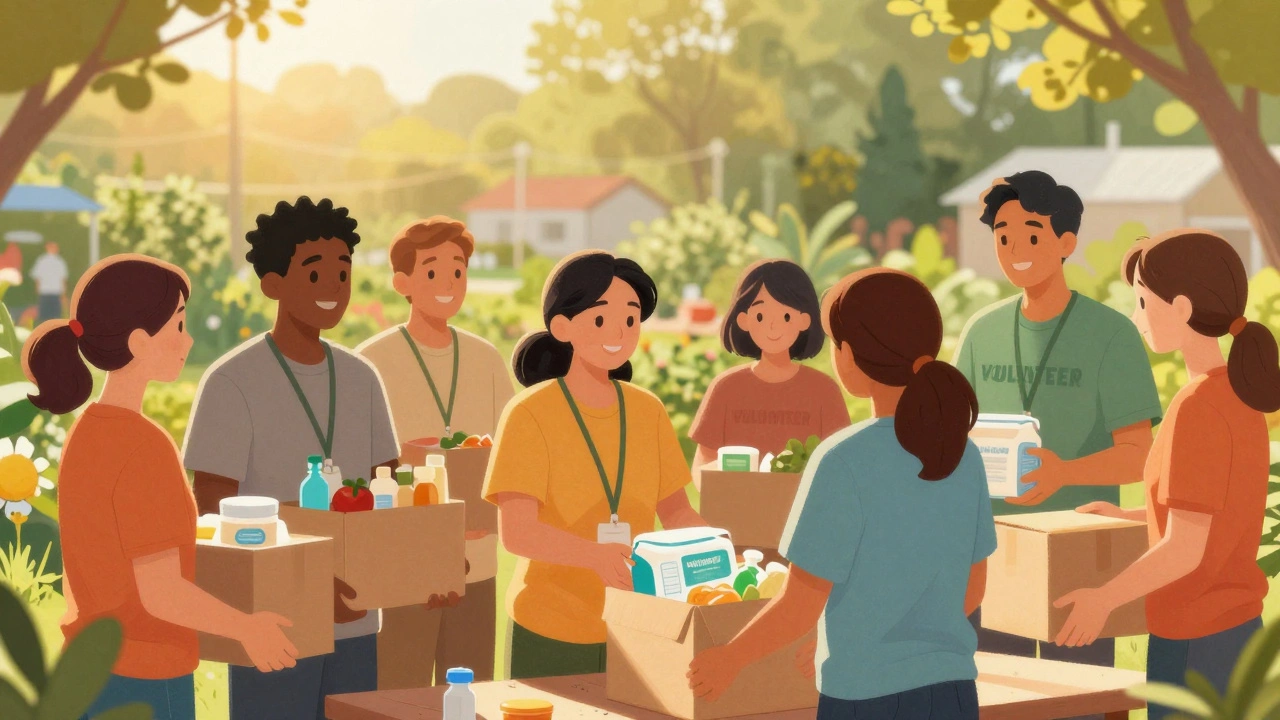 Community volunteers distributing supplies to unhoused individuals in a sunny park setting.