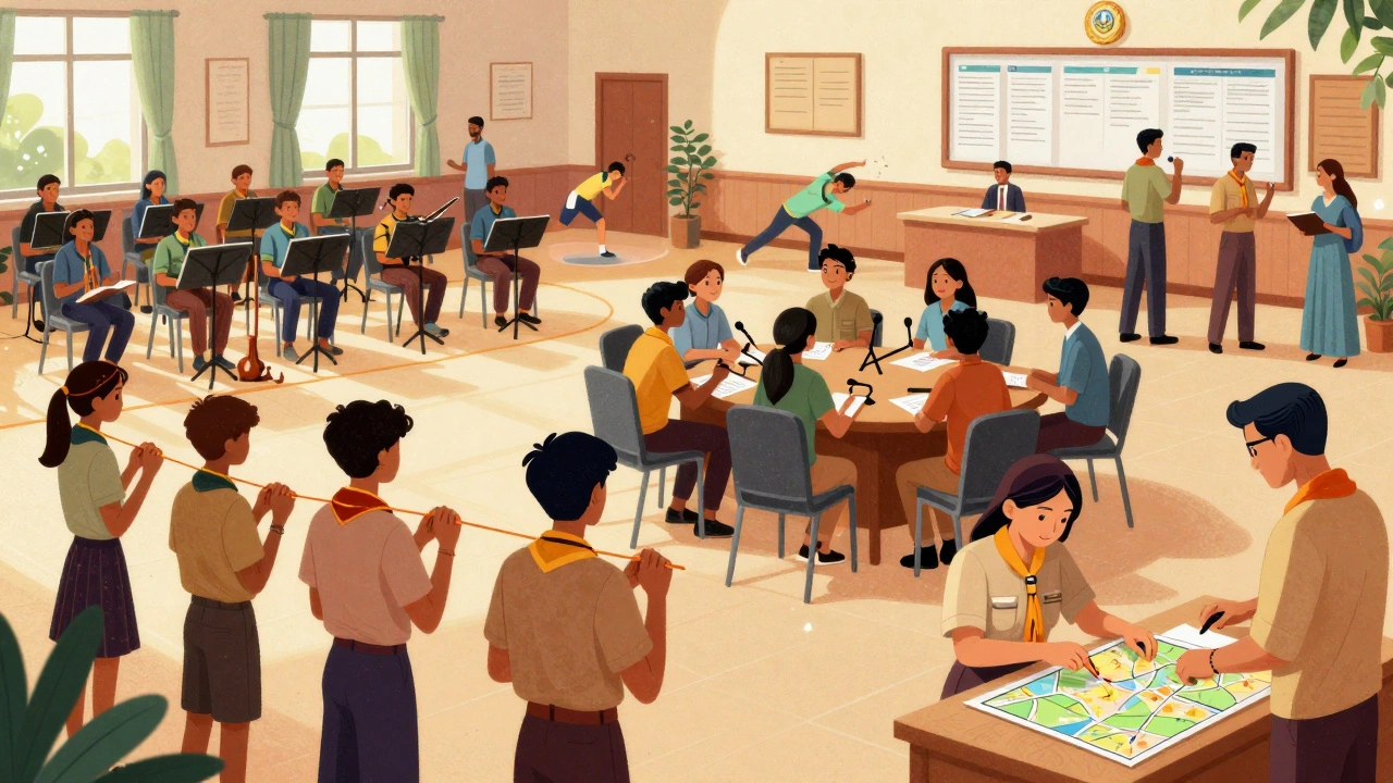 Diverse Indian youth participating in scouting, debate, and arts in a community hall