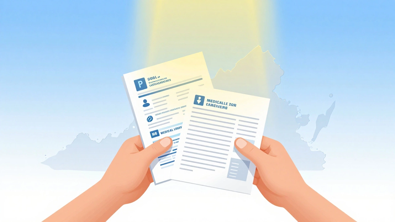 Hands holding medical receipts and tax documents over Virginia map