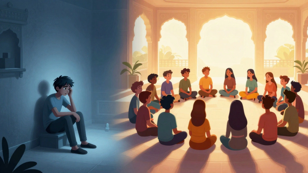 Illustration contrasting isolated loneliness with hopeful community support.