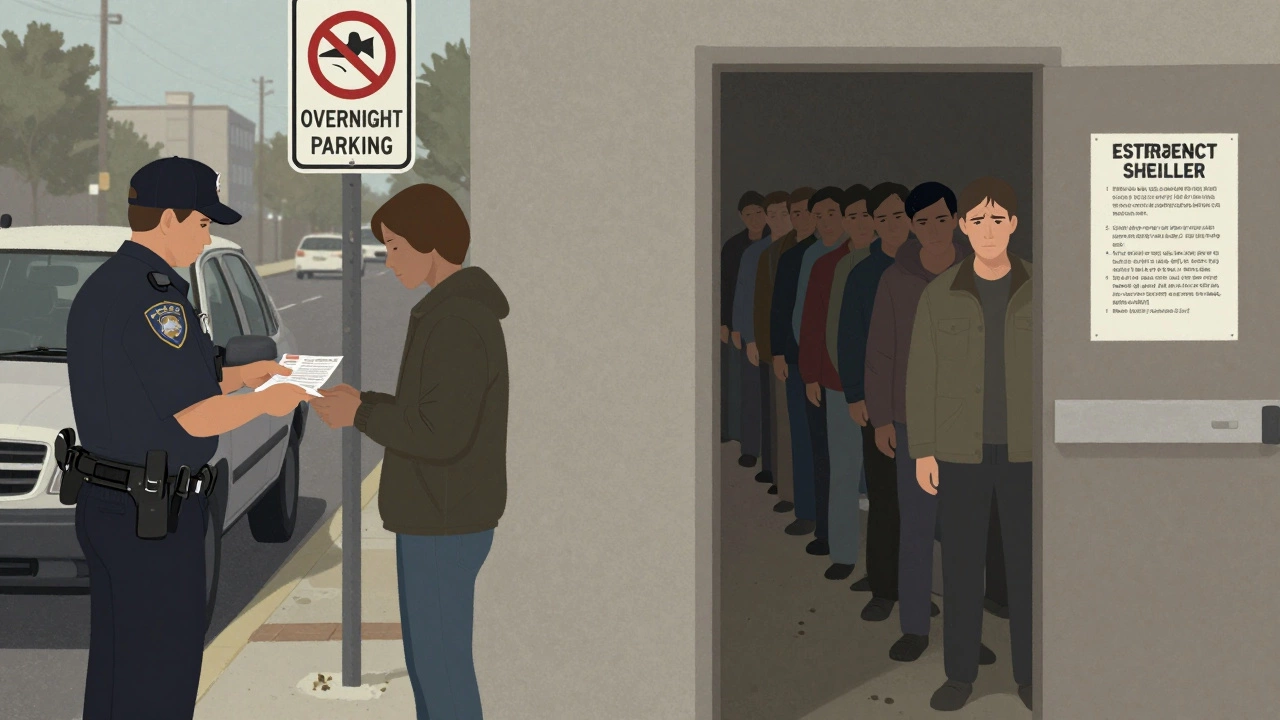 Illustration of police citing a driver and a crowded shelter entrance, showing housing barriers.