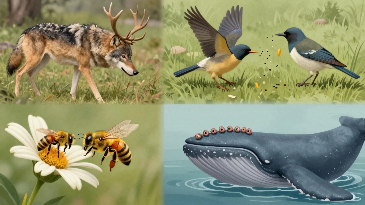 Illustration of predation, competition, mutualism, and commensalism
