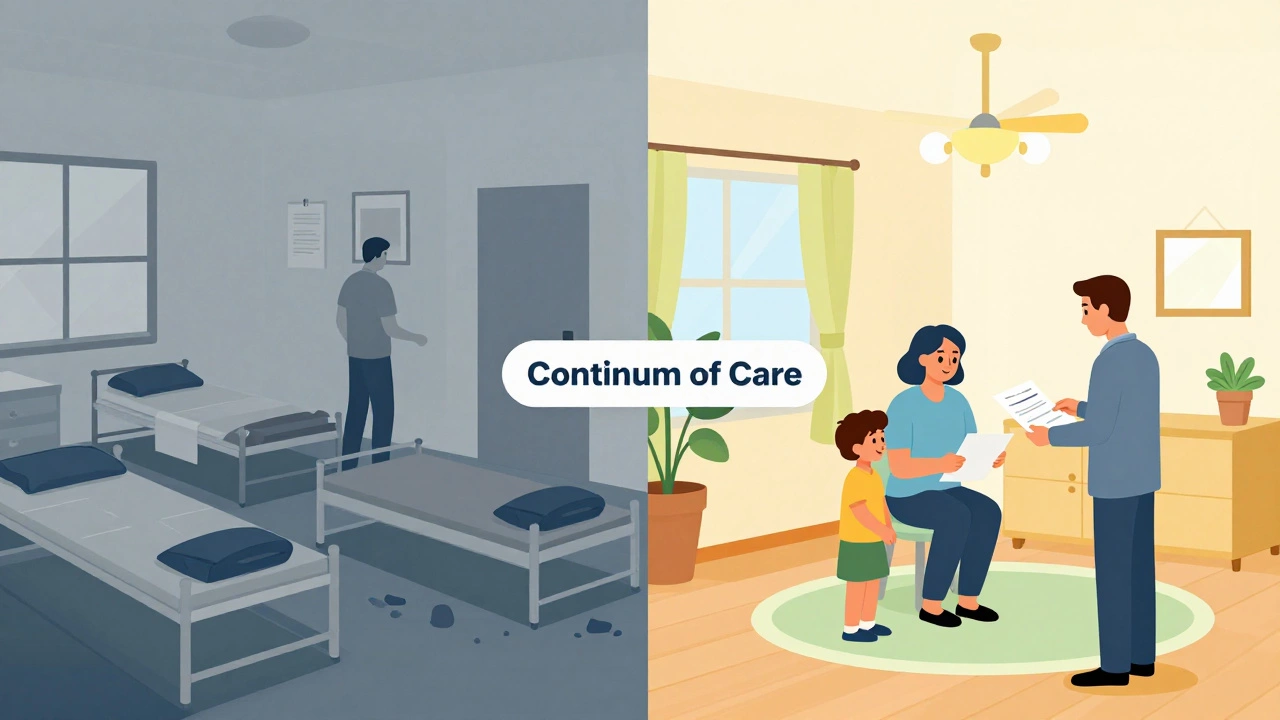 Illustration showing transition from crowded shelter to stable housing
