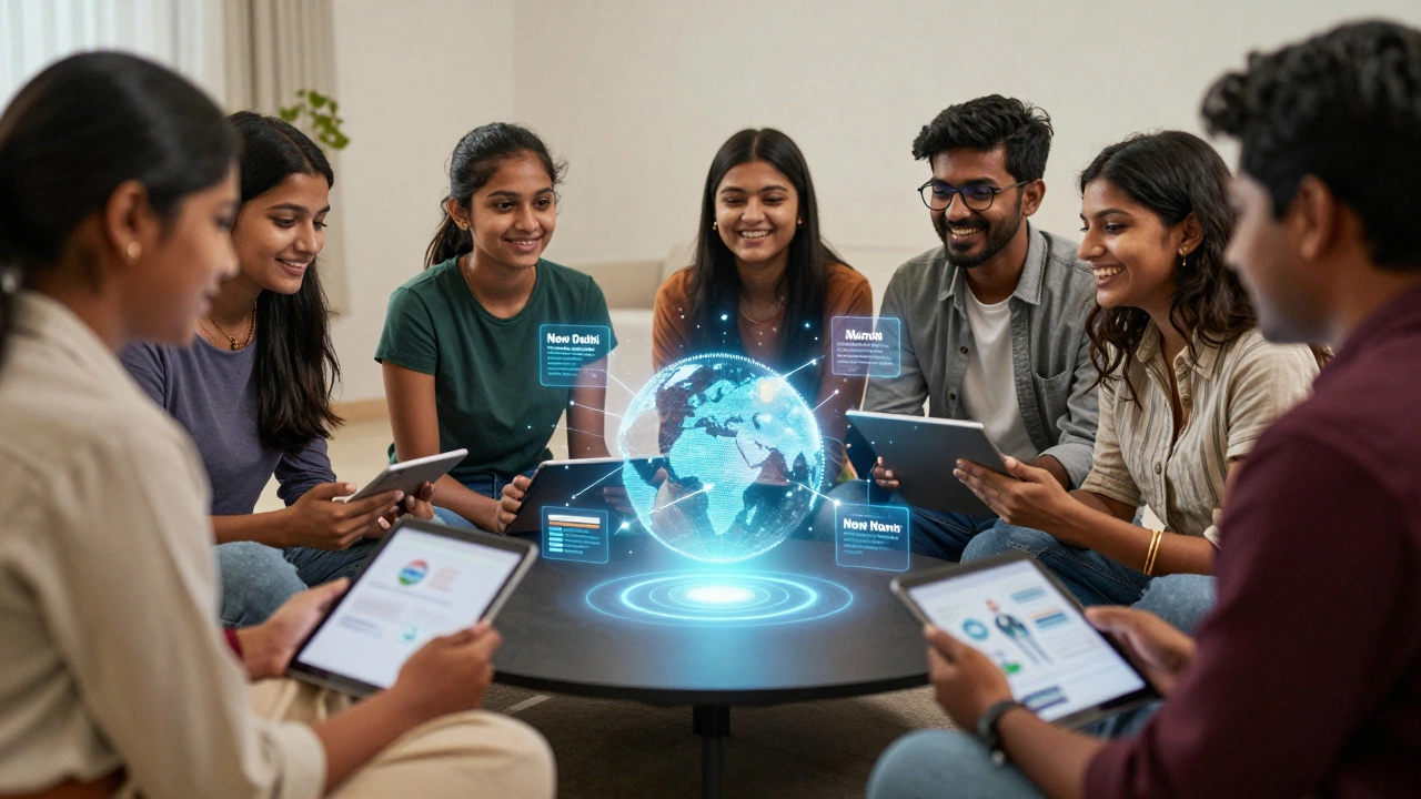 Indian teens collaborating on a global project using tech and face-to-face interaction