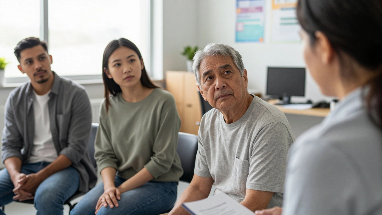 People meeting with social workers in a community resource center