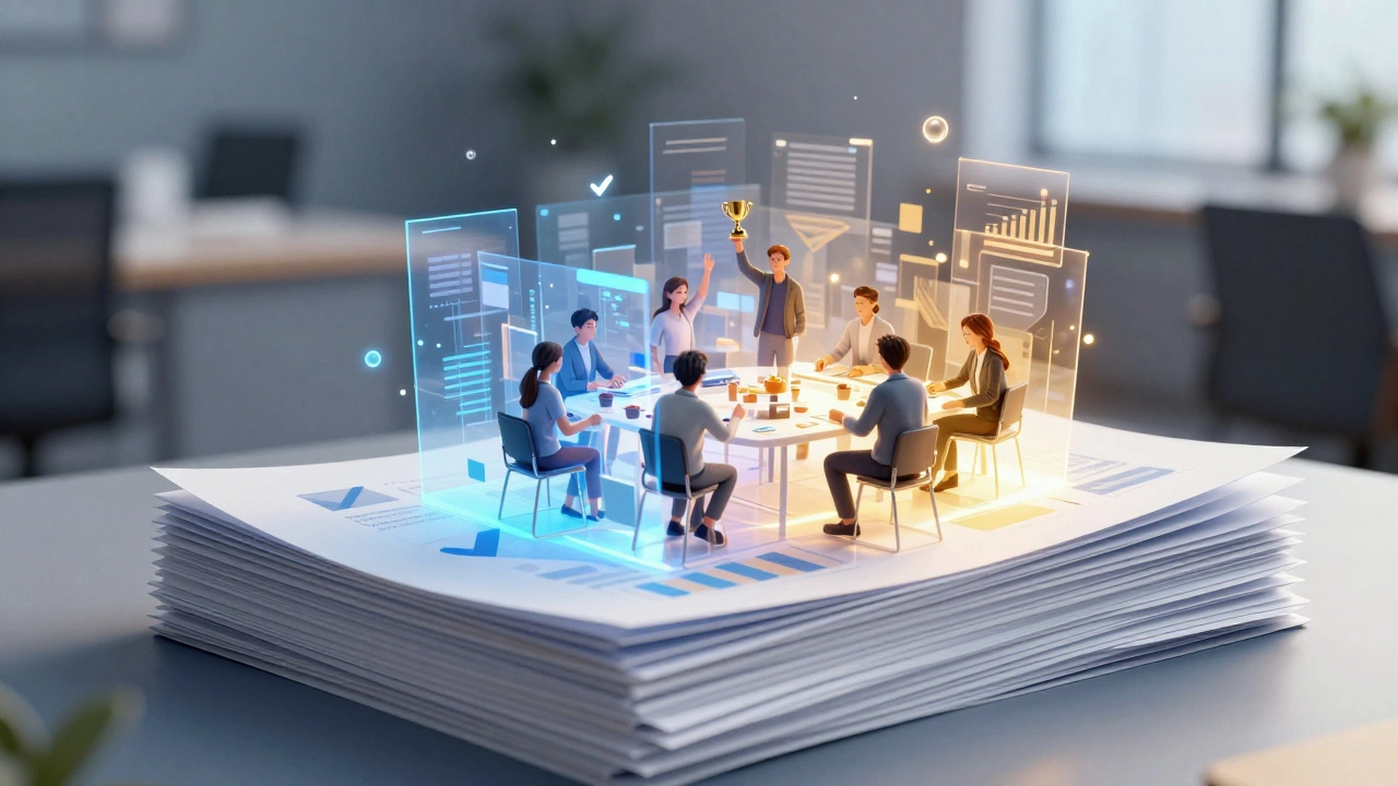 Proposal documents transforming into a glowing community vision