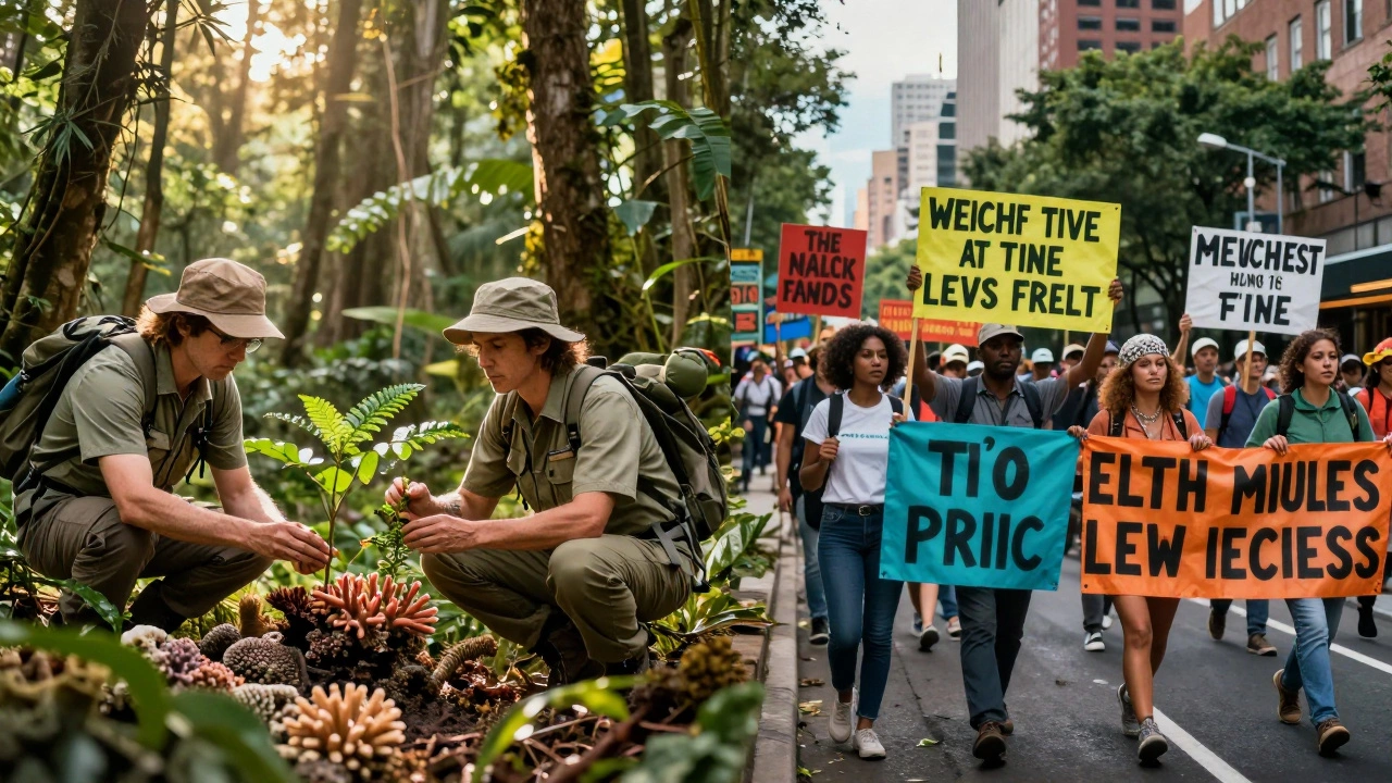 Split scene showing scientists conserving nature and activists protesting in cities