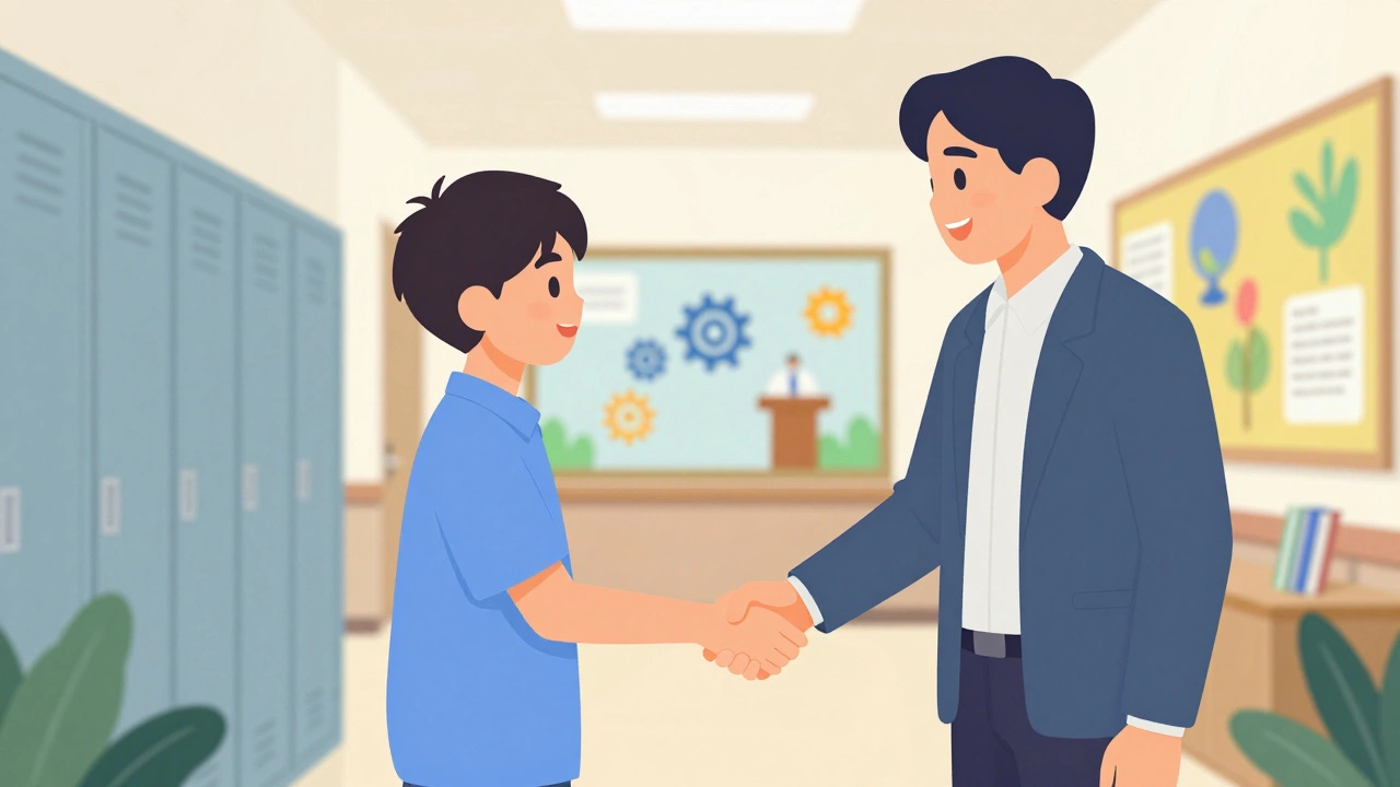 Student shaking hands with teacher in a colorful school hallway