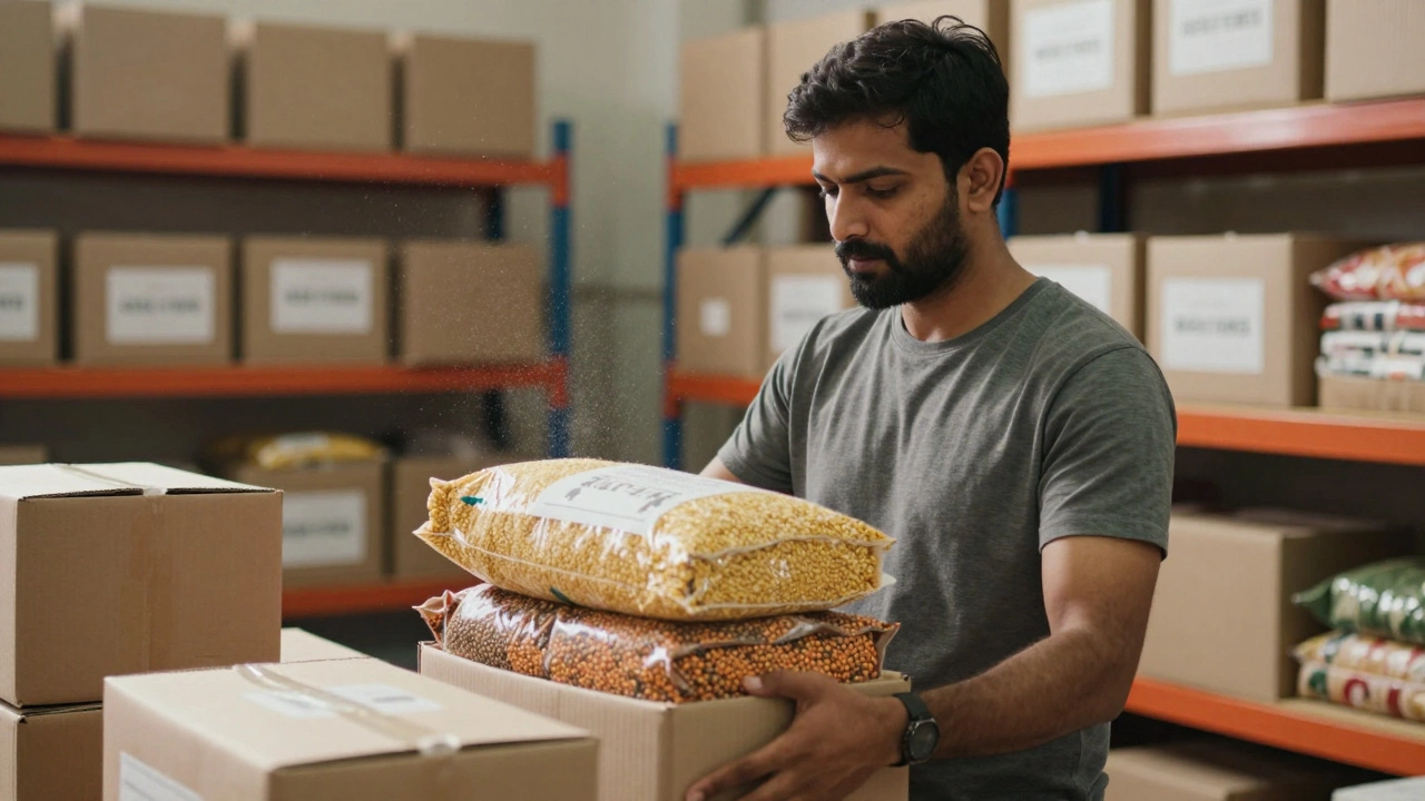 Volunteer sorting food donations in a bright warehouse