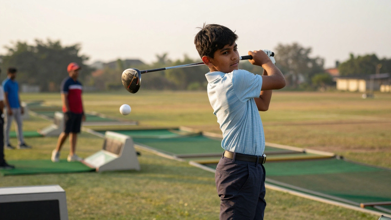 Young golfer swinging a driver at a driving range
