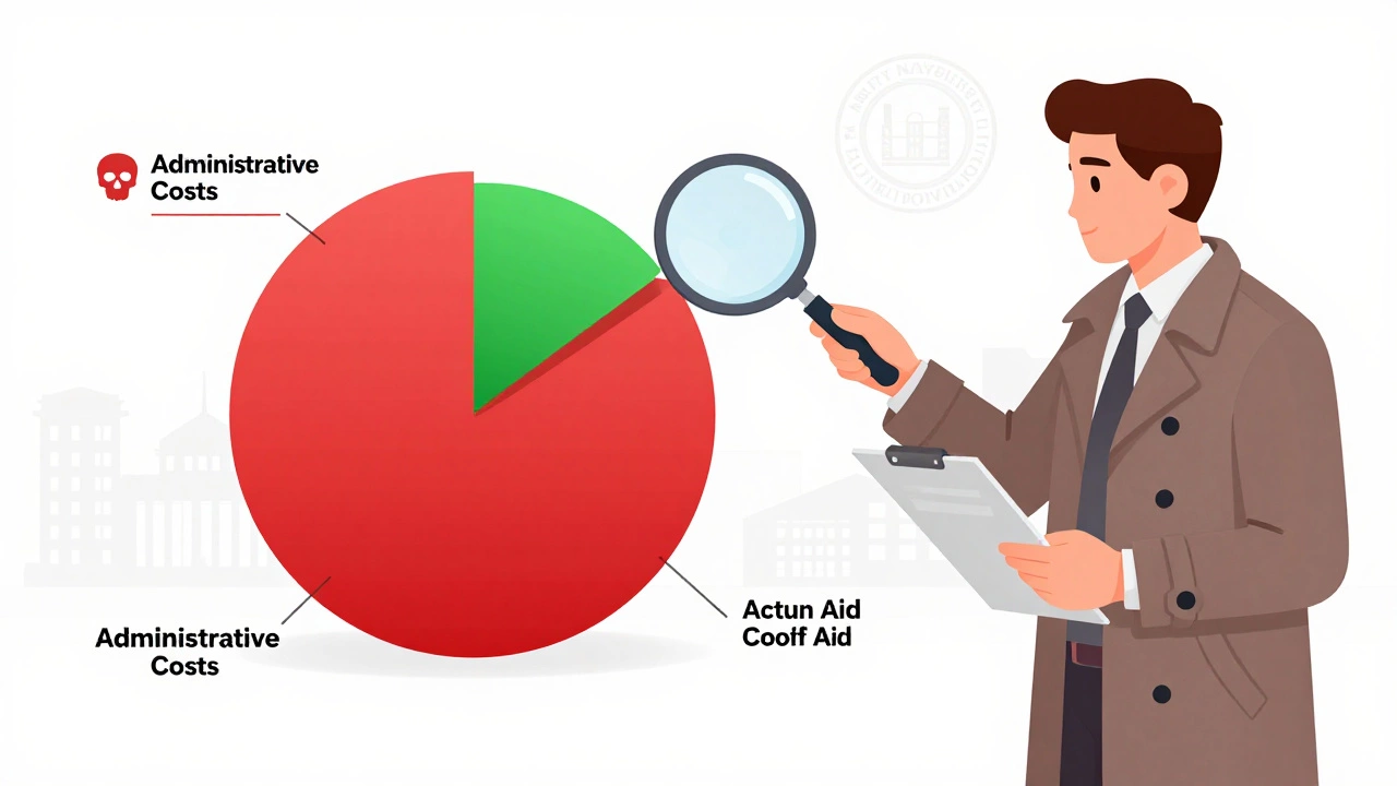 Detective inspecting a pie chart showing high admin costs versus low program spending
