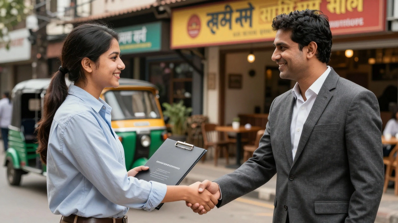 Fundraiser shaking hands with a local business owner for sponsorship