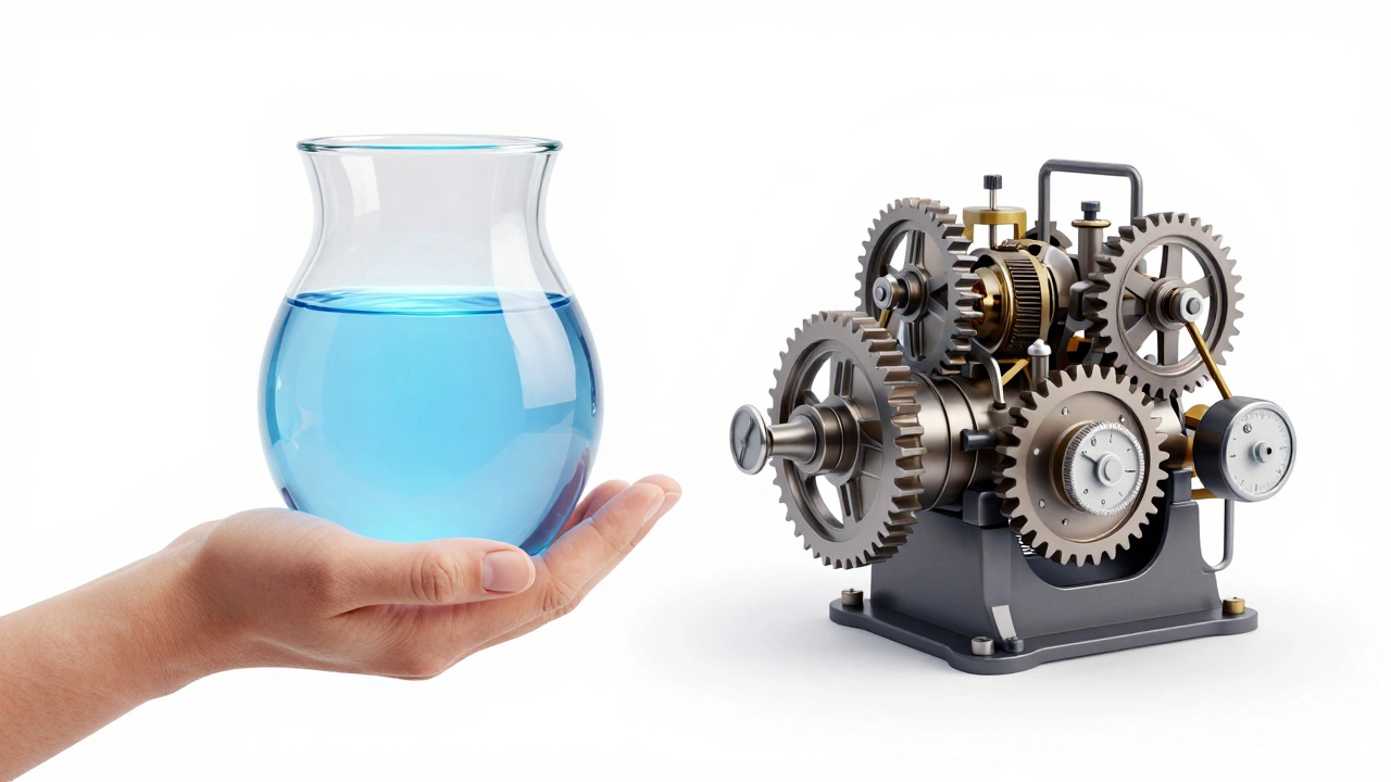 Glass vessel and mechanical engine illustrating passive vs active charity structures