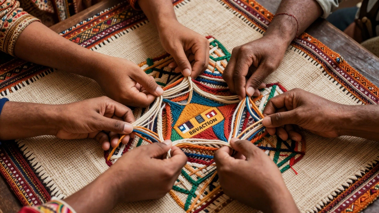 Hands weaving threads of different colors into a unified tapestry
