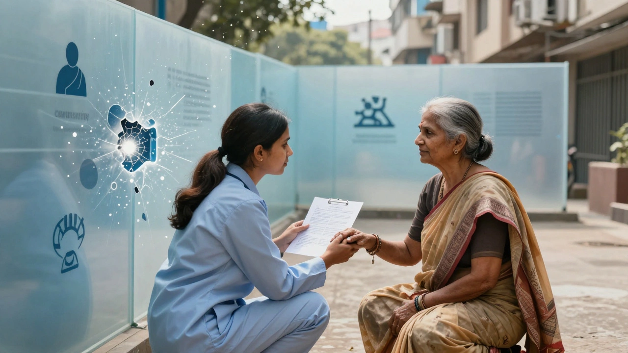 Professional helping elderly woman with paperwork, breaking down access barriers.