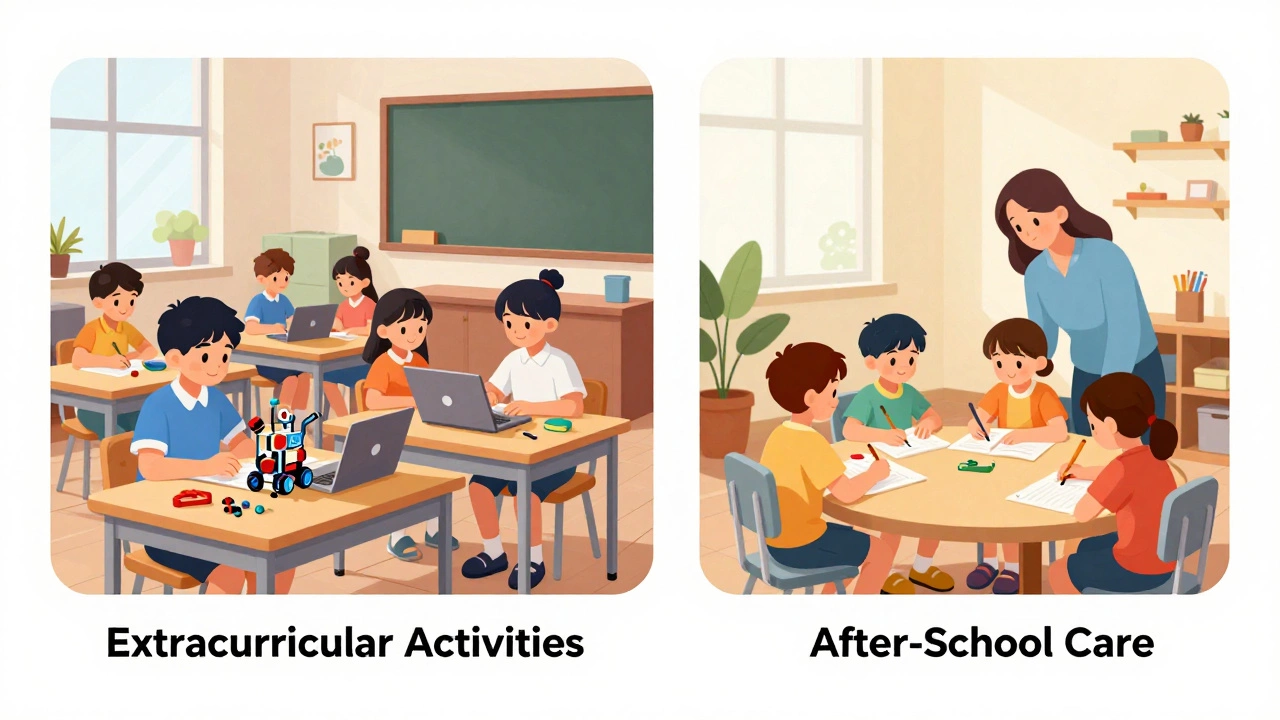 Split view comparing a school robotics club with a supervised after-school care center