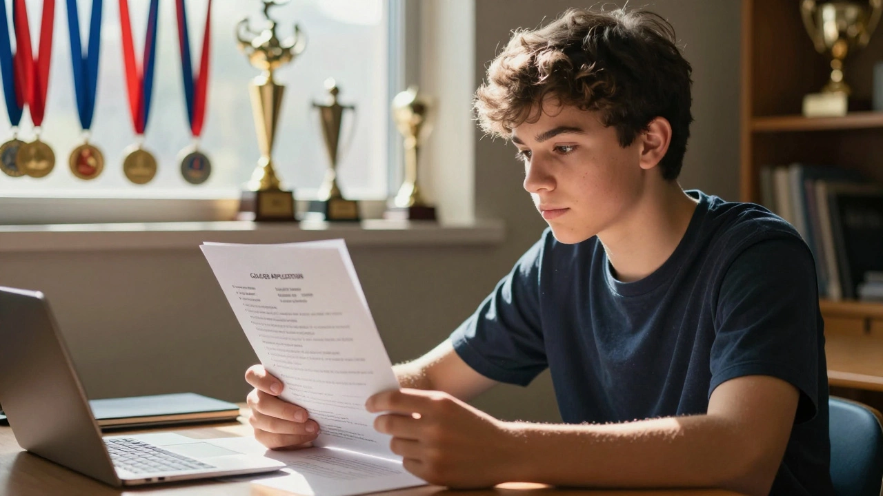 Teenager reviewing college applications with trophies visible in the background