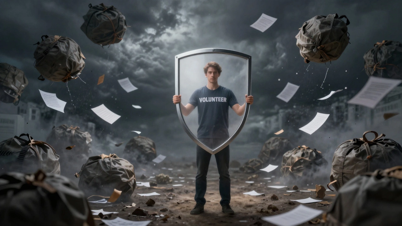 Volunteer holding up a protective barrier against chaos