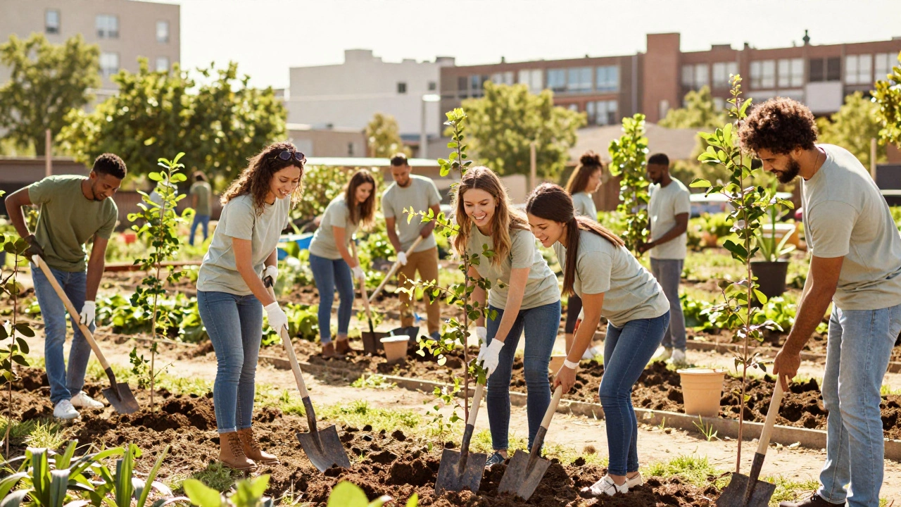 Volunteers happily planting trees in a sunny community garden representing effective charity