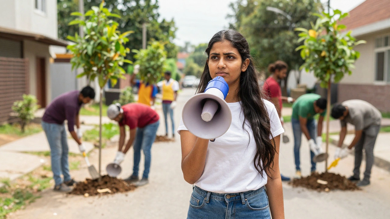Young woman leading community cleanup and tree planting activity