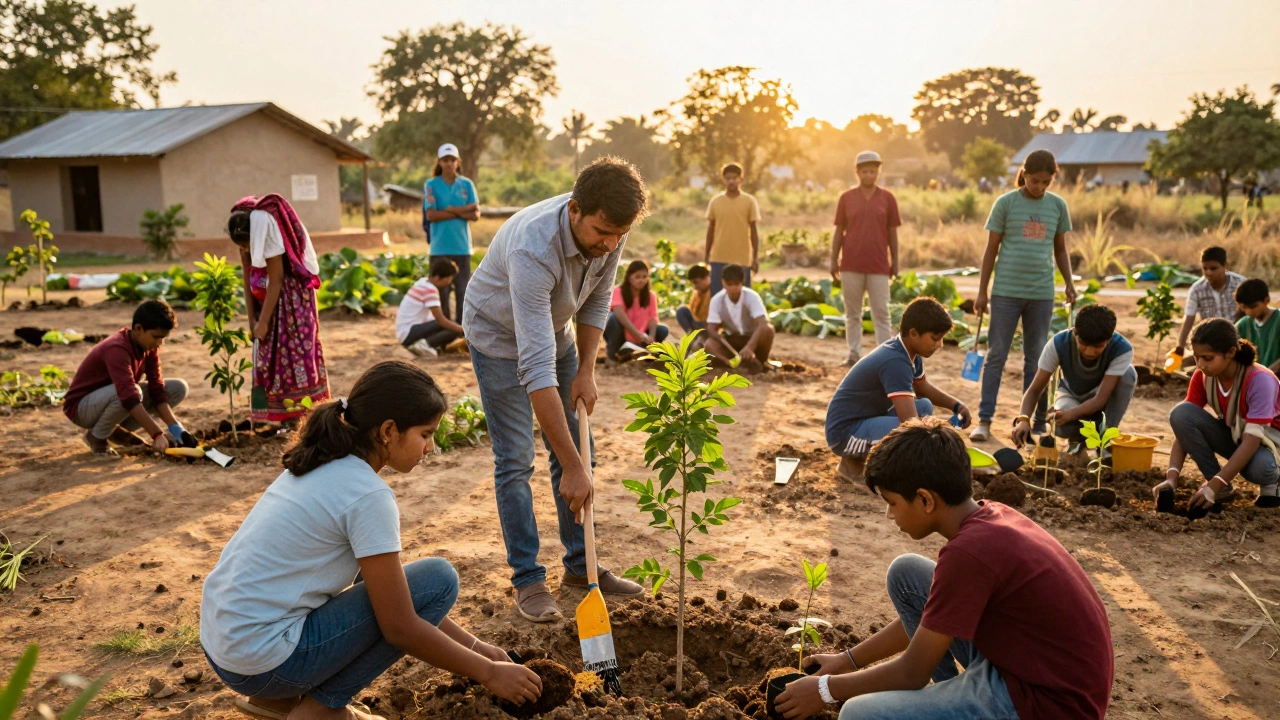Youth planting trees in a village garden, representing community empowerment and legacy.
