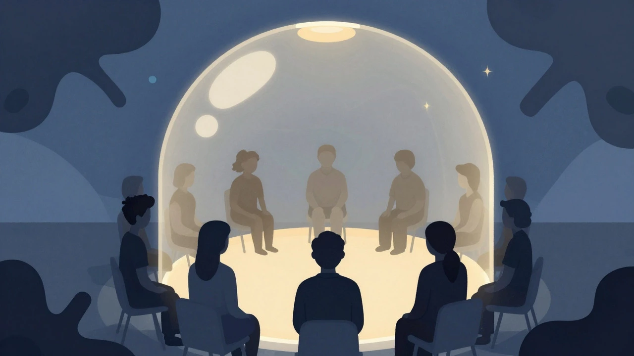 Abstract art showing a protected circle of people from outside chaos