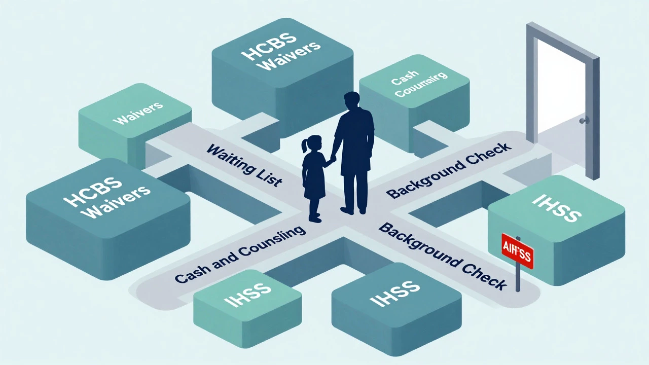 Abstract illustration of caregiver navigating maze of Medicaid waiver programs
