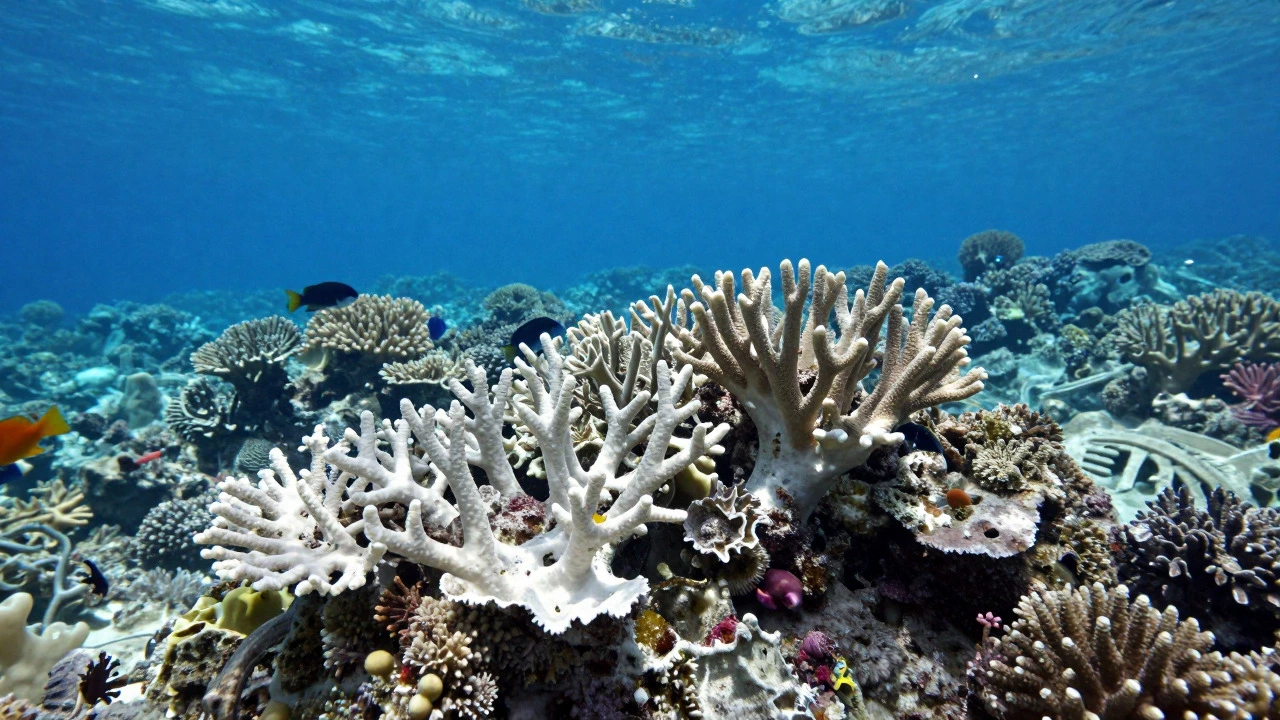 Bleached white coral reef underwater showing signs of ocean warming damage