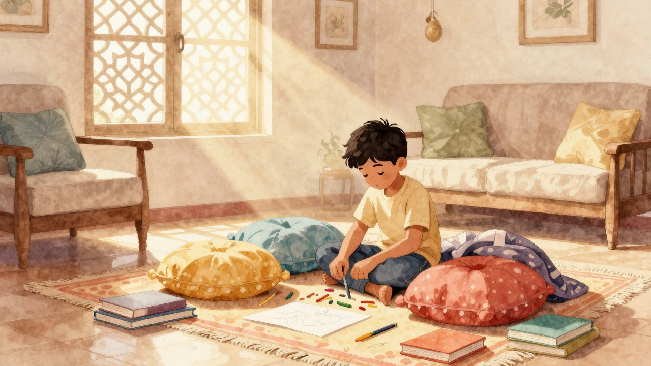 Child playing independently with cushions and books in a sunlit, peaceful room