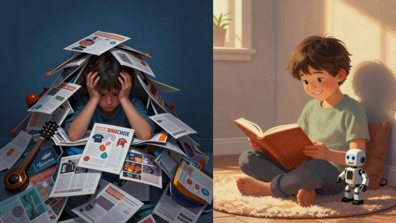 Contrast between overwhelmed child with many clubs and relaxed child with few