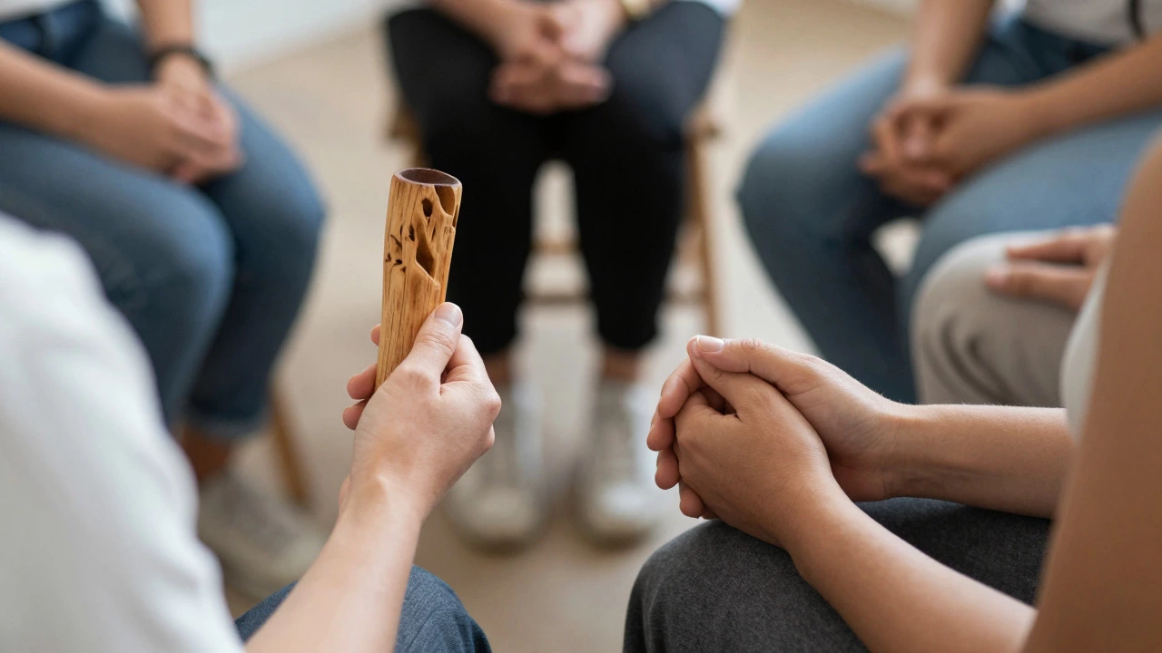 Hands holding a talking stick during a supportive listening session