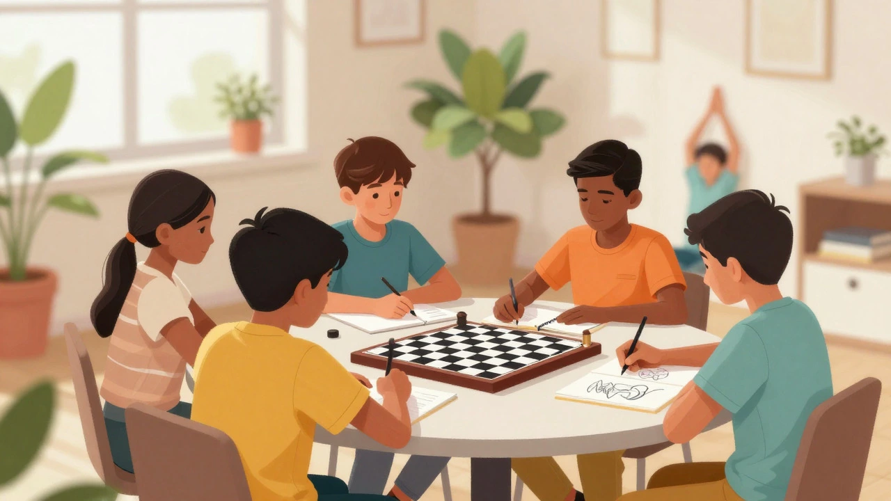 Indian children engaging in balanced hobbies like chess, art, and yoga together