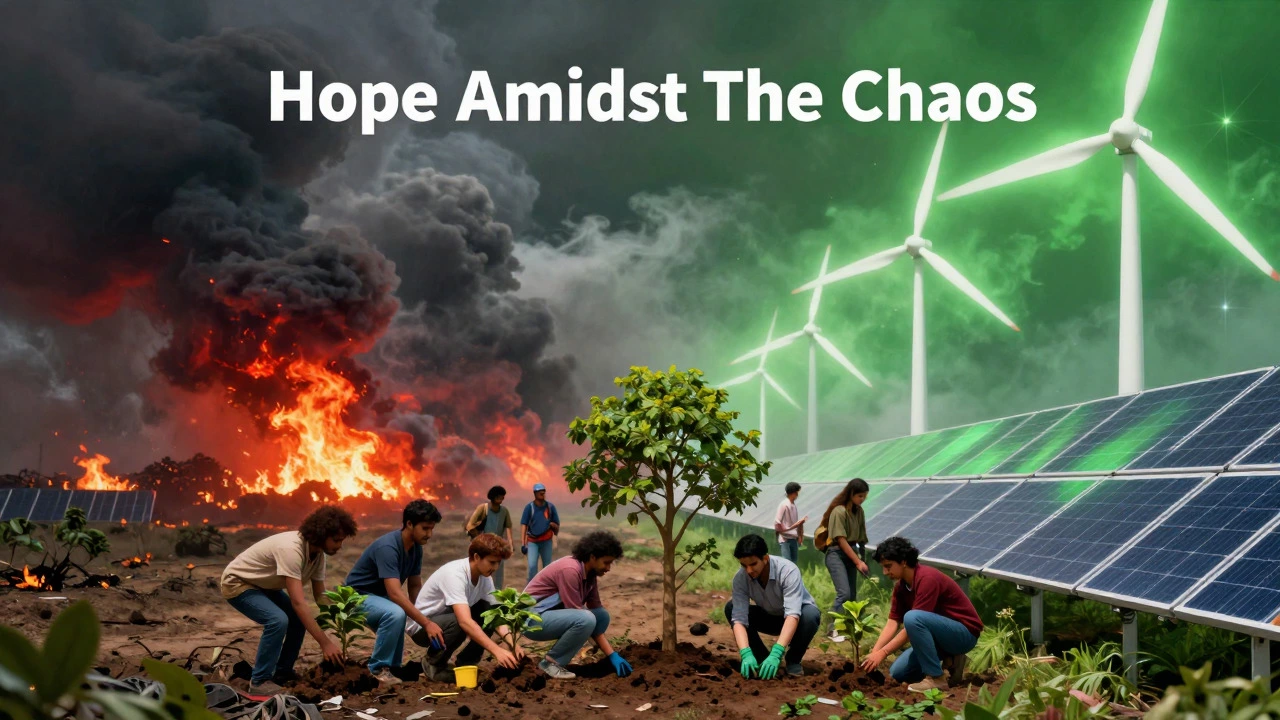 People installing solar panels and planting trees against a backdrop of wildfires