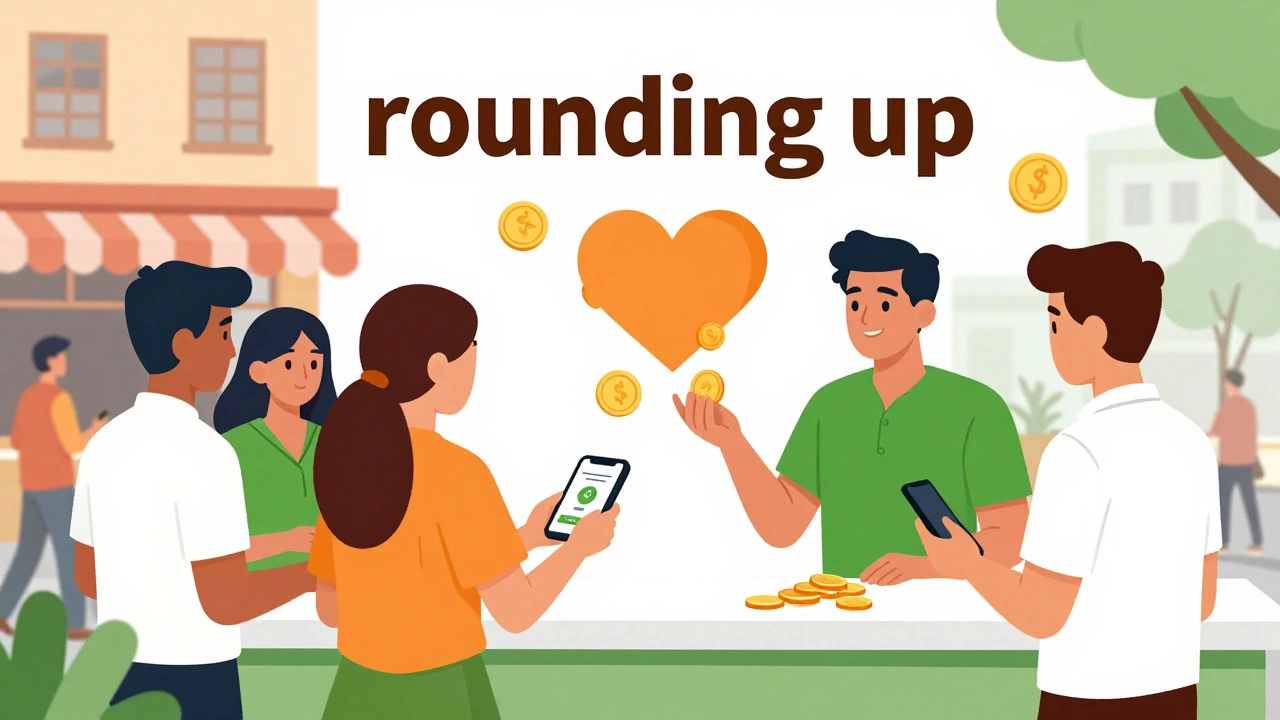 People participating in a community round-up fundraiser at an Indian cafe.