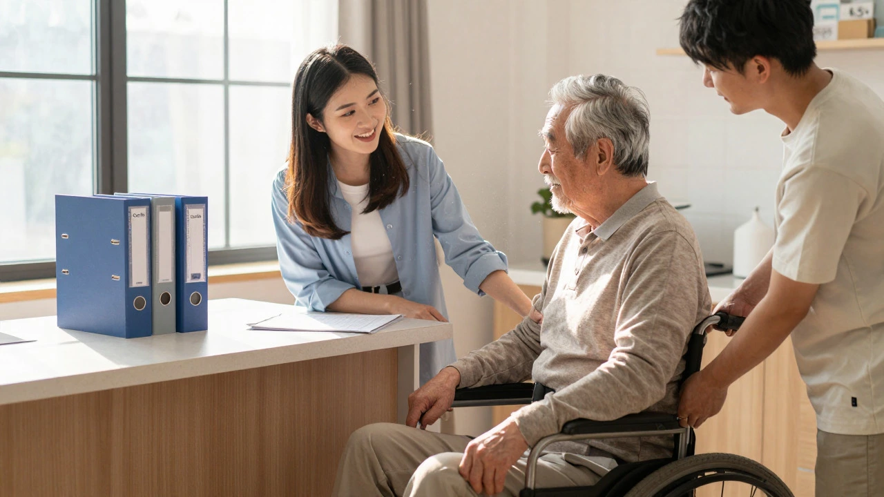 Sibling assisting elderly father in sunny home with care plan documents nearby