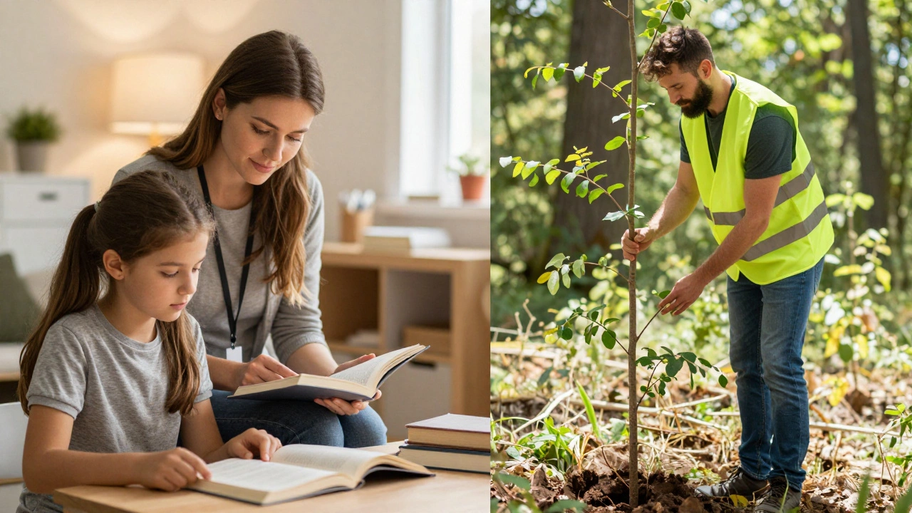 Split view: woman tutoring indoors, man planting trees outdoors