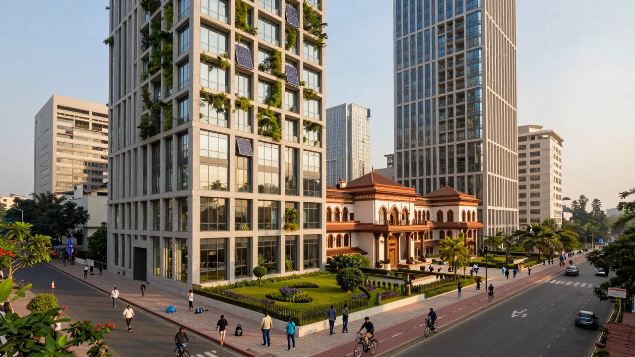 Sustainable Indian city with green buildings and pedestrians